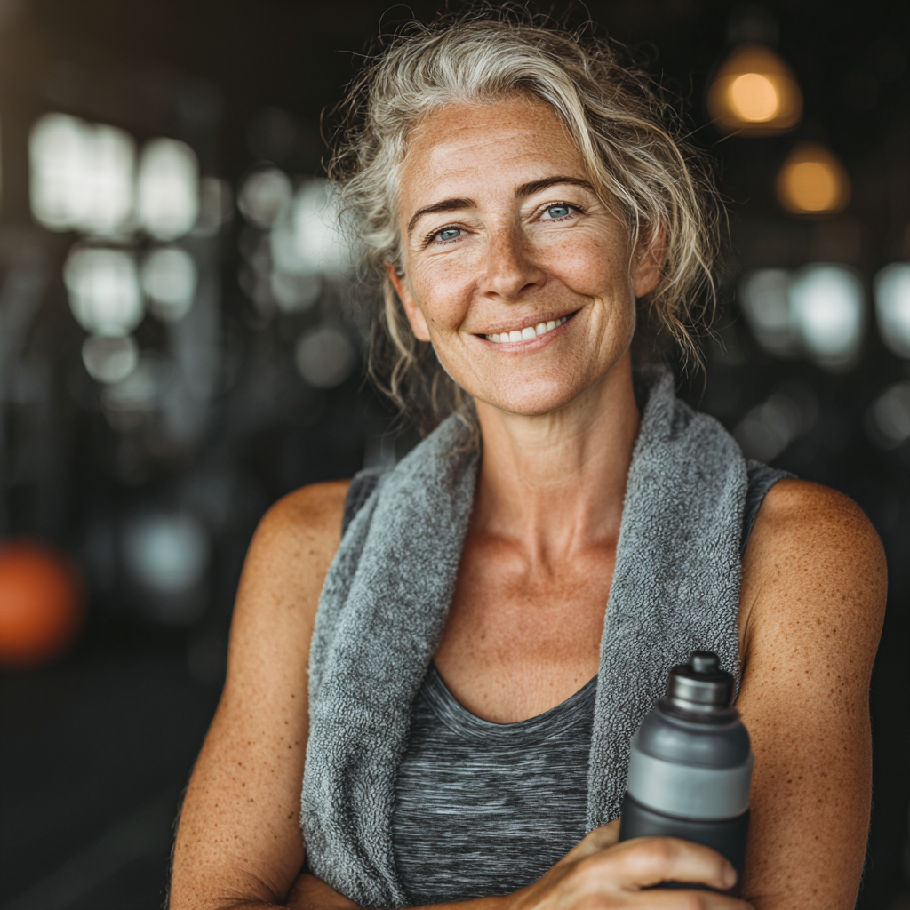 Confident woman in her 50s after workout session, smiling and holding water bottle, gym background, expressing satisfaction and achievement