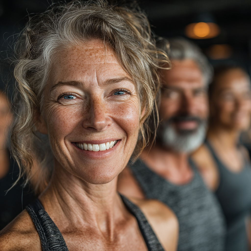 Group of middle-aged people in their 40s and 50s doing fitness class together, smiling and energetic, indoor gym setting